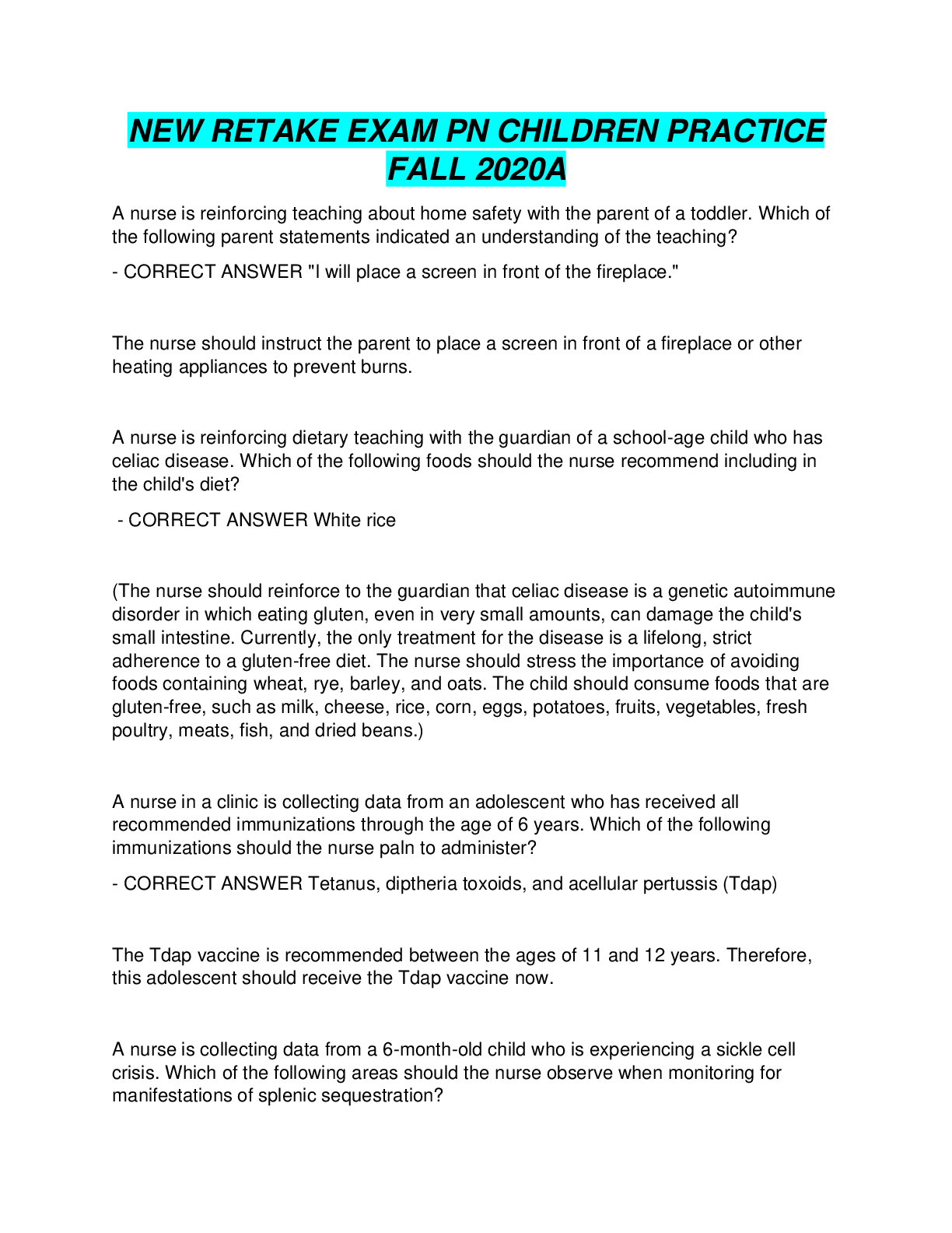 Preview image for NEW RETAKE EXAM PN CHILDREN PRACTICE  FALL 2020A